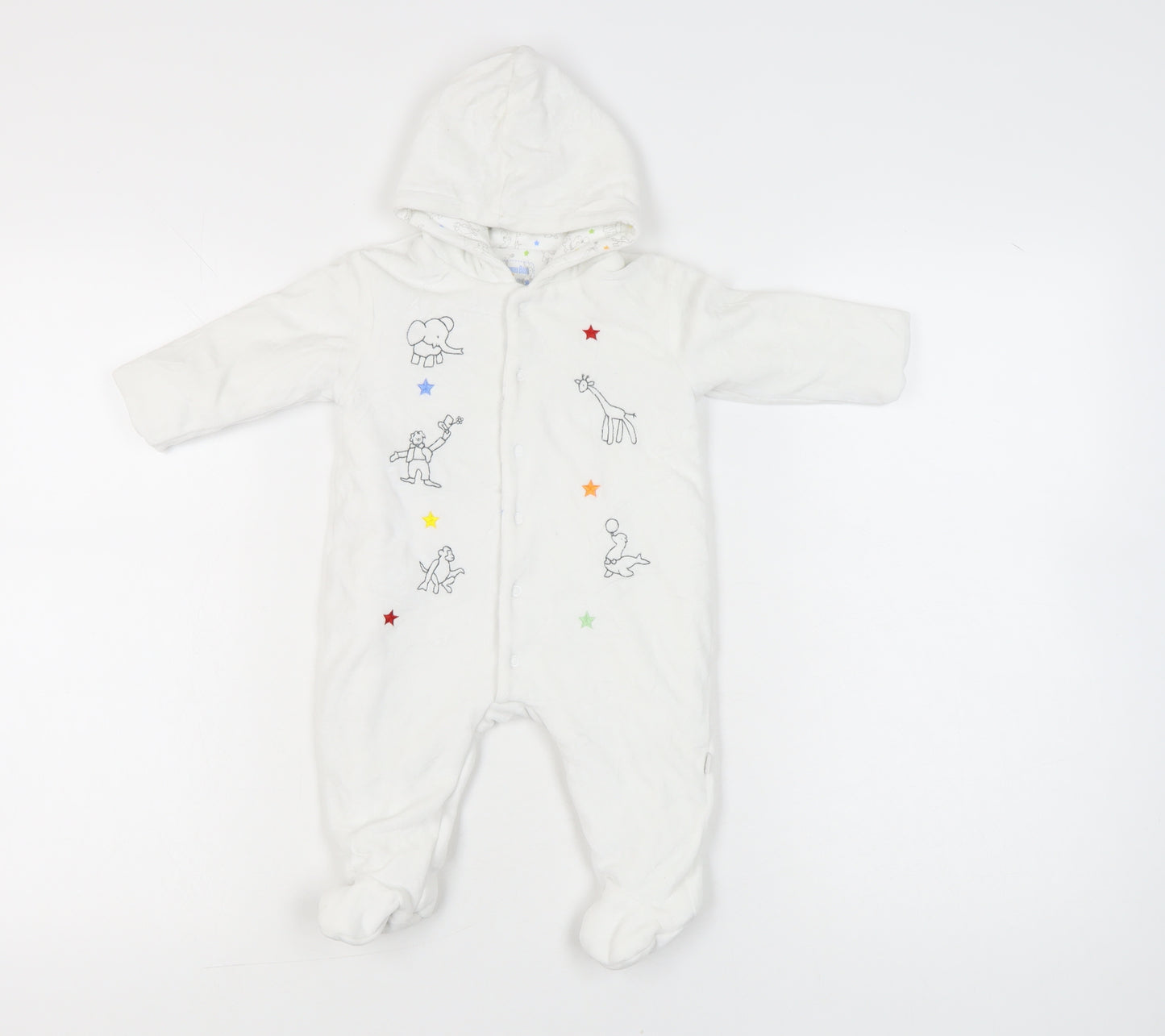 JoJo Maman Bébé White Unisex Baby Babygrow 3-6M Hooded Embroidered Animals