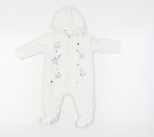 JoJo Maman Bébé White Unisex Baby Babygrow 3-6M Hooded Embroidered Animals