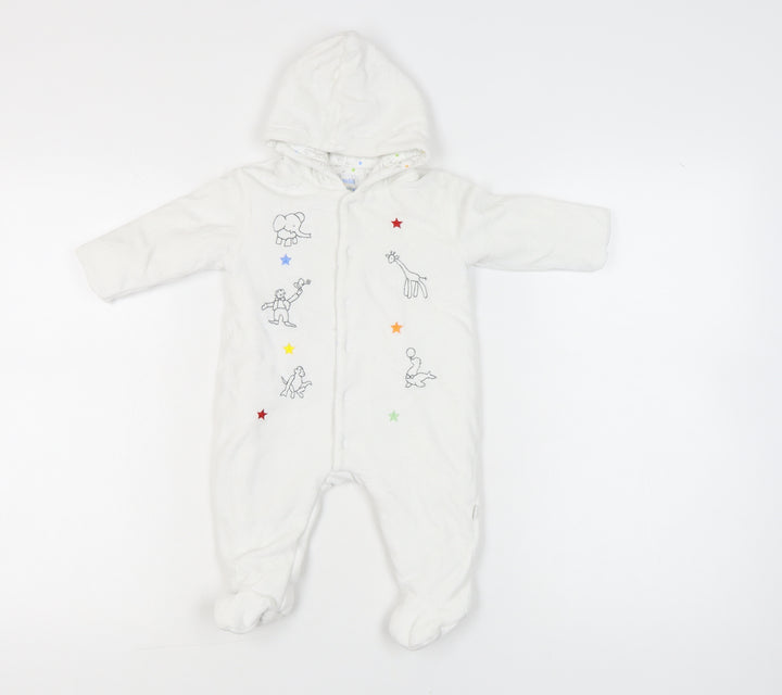 JoJo Maman Bébé White Unisex Baby Babygrow 3-6M Hooded Embroidered Animals