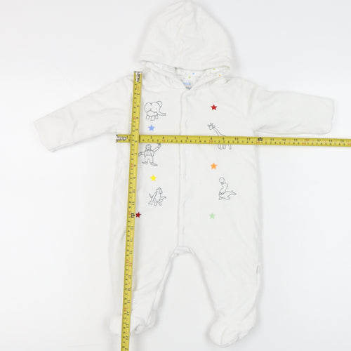 JoJo Maman Bébé White Unisex Baby Babygrow 3-6M Hooded Embroidered Animals