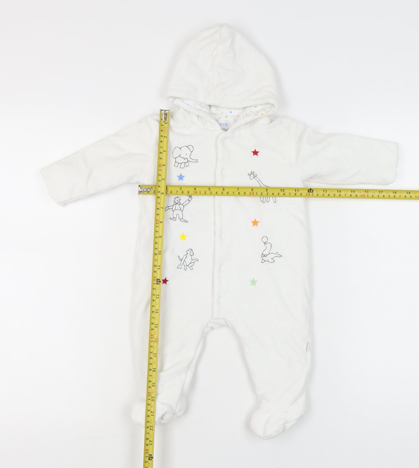 JoJo Maman Bébé White Unisex Baby Babygrow 3-6M Hooded Embroidered Animals
