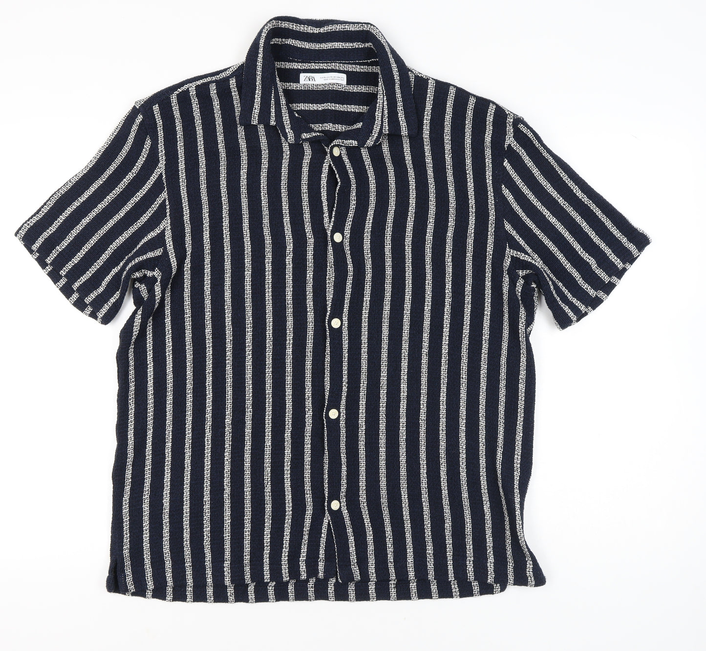 Zara Men’s Blue Striped Cotton Blend Short Sleeve XL Shirt