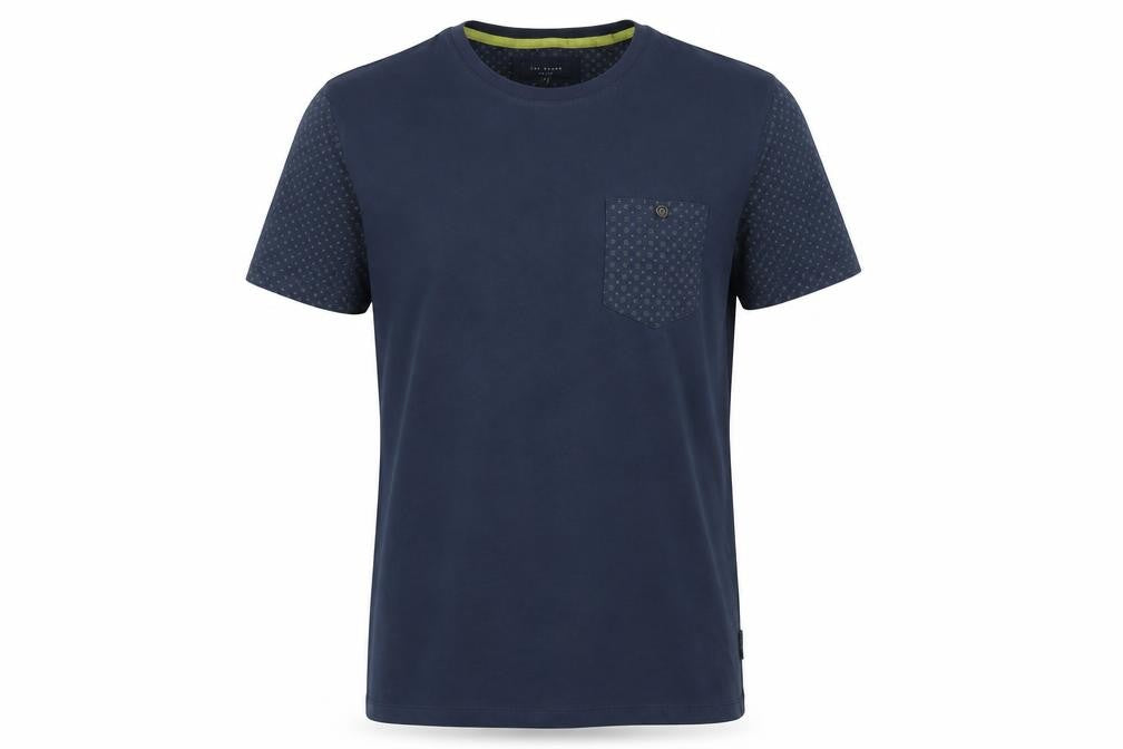Front view of Ted Baker men’s medium blue crew neck geometric sleeve cotton t-shirt