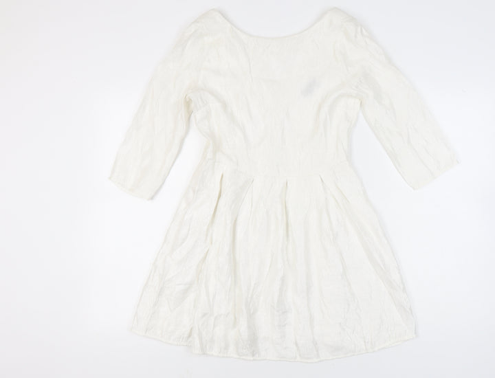 Topshop Women White Size 12 A-Line Knee Length Dress 3/4 Sleeve