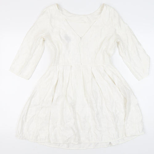 Topshop Women White Size 12 A-Line Knee Length Dress 3/4 Sleeve