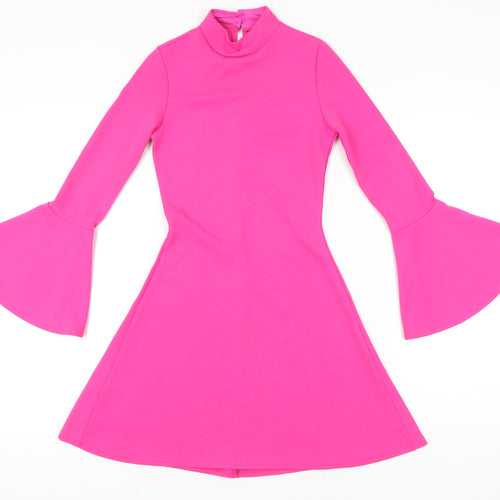 Aftershock London Women’s Pink Size 8 A-Line Mini Dress Retro Bell Sleeve