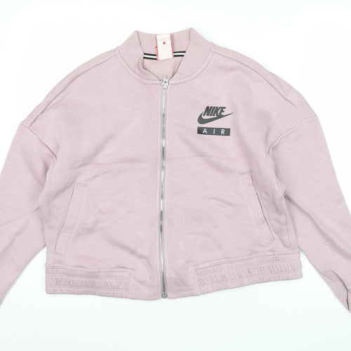 Nike Women Pink Cropped Track Jacket L Relaxed Fit Full Zip Cotton Blend