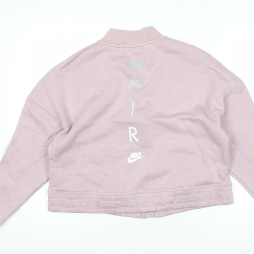 Nike Women Pink Cropped Track Jacket L Relaxed Fit Full Zip Cotton Blend