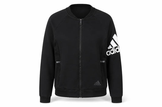 Front view of Adidas women’s black, size UK 6, track jacket full zip reflective sportswear