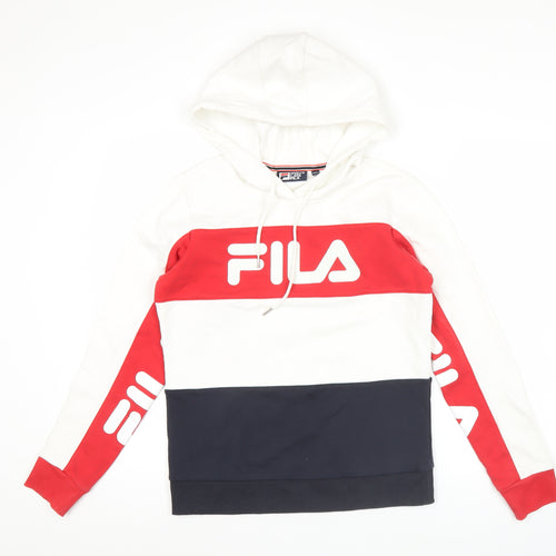 FILA Mens XS White Red Blue Pullover Hoodie Logo Retro Sportswear