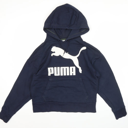 Puma Womens XS Blue Pullover Hoodie Graphic Logo Sweatshirt