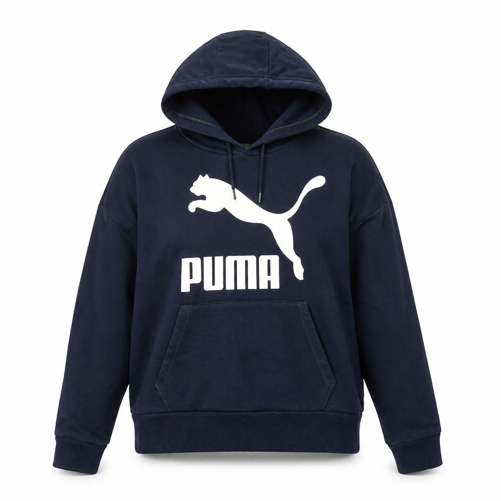 Front view of Puma women’s xs blue pullover hoodie graphic logo sweatshirt
