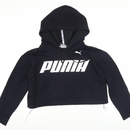 Puma Womens Black Pullover Hoodie S Logo Print Cotton Blend