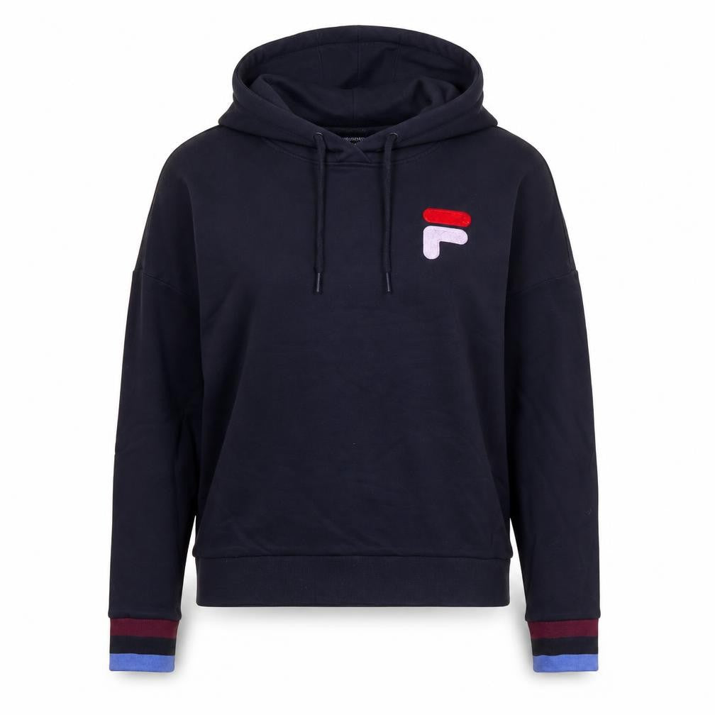 Front view of Fila women’s black hoodie, size UK 12, pullover logo long sleeve