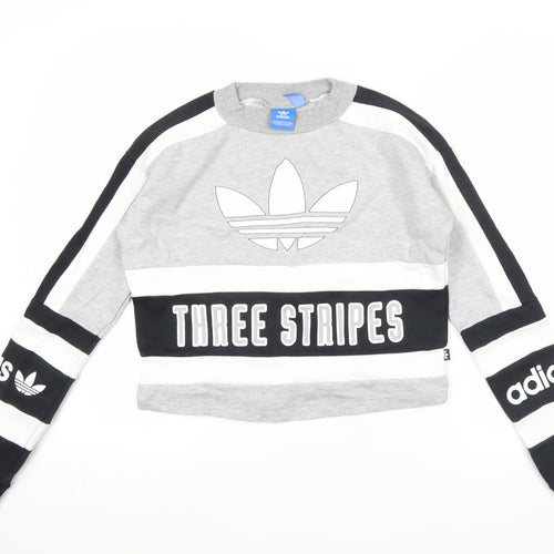adidas Women’s Grey Black Three Stripes Sweatshirt UK 8 Crew Neck