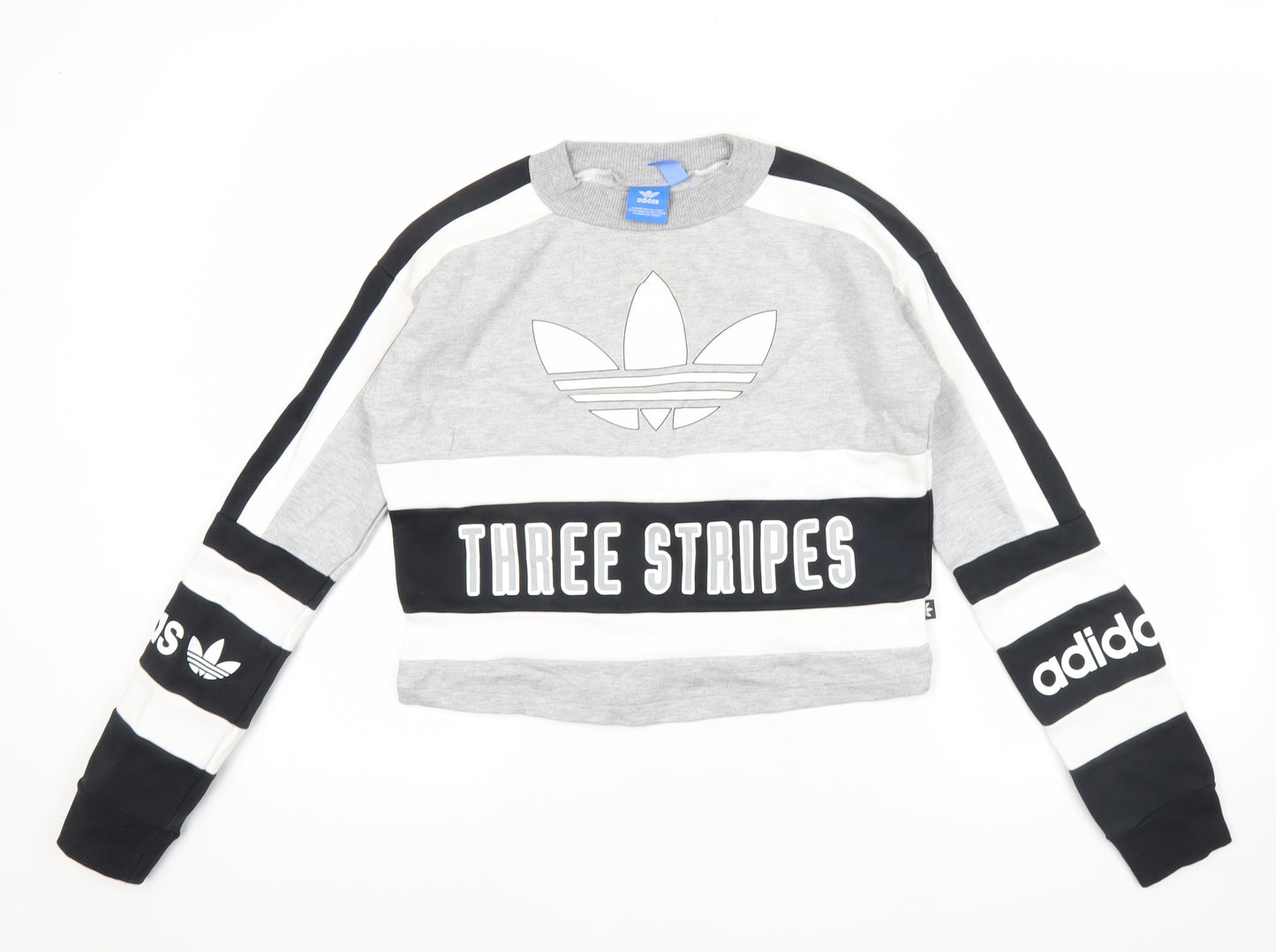 adidas Women’s Grey Black Three Stripes Sweatshirt UK 8 Crew Neck