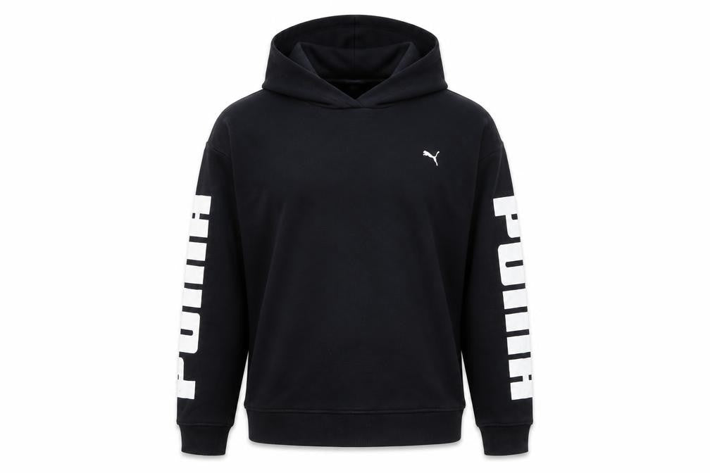 Front view of Puma Men’s Black L Pullover Hoodie Sports Logo Long Sleeve
