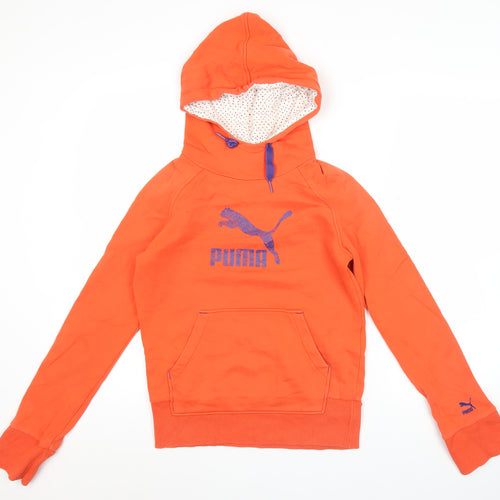 Puma Womens Orange Hoodie M Pullover Cotton Blend Logo Sportswear
