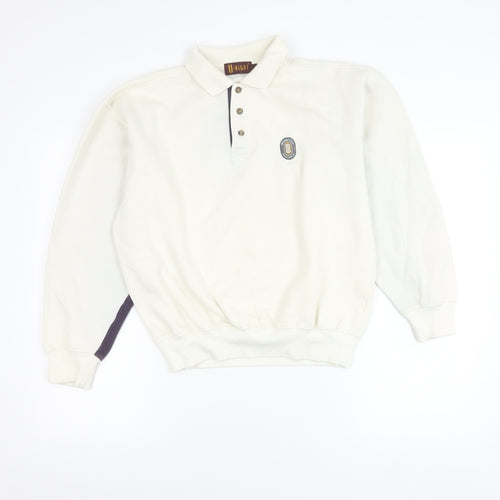 U-Right Men’s White Collared Henley Sweatshirt M Retro Graphic Sportswear