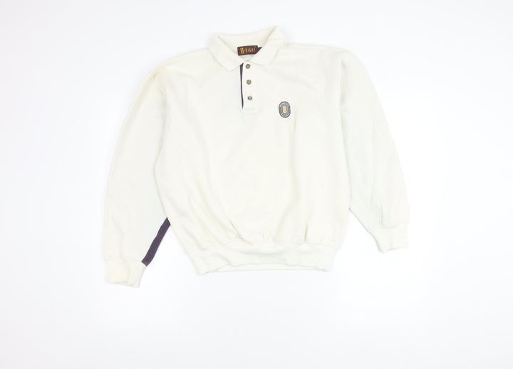 U-Right Men’s White Collared Henley Sweatshirt M Retro Graphic Sportswear