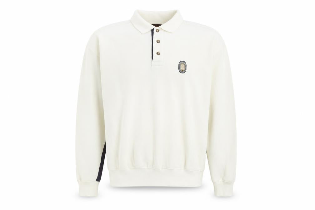 Front view of U-Right Men’s White Collared Henley Sweatshirt M Retro Graphic Sportswear
