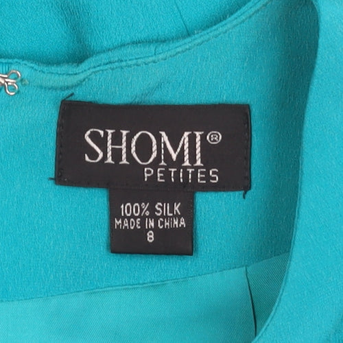 Shomi Petites Womens Blue Silk Shift Dress Size 8 Short Sleeve