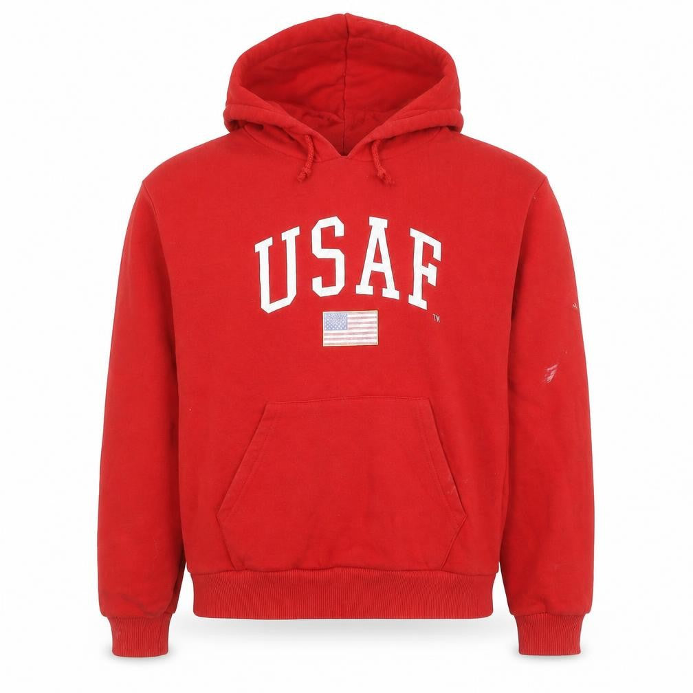 Front view of Topshop women’s red usaf logo pullover hoodie, size UK 8, cotton blend