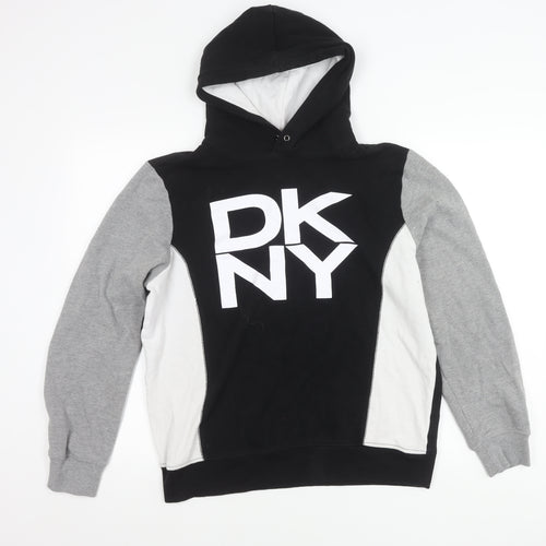 DKNY Womens Black Grey White Pullover Hoodie M Logo Casual Fleece
