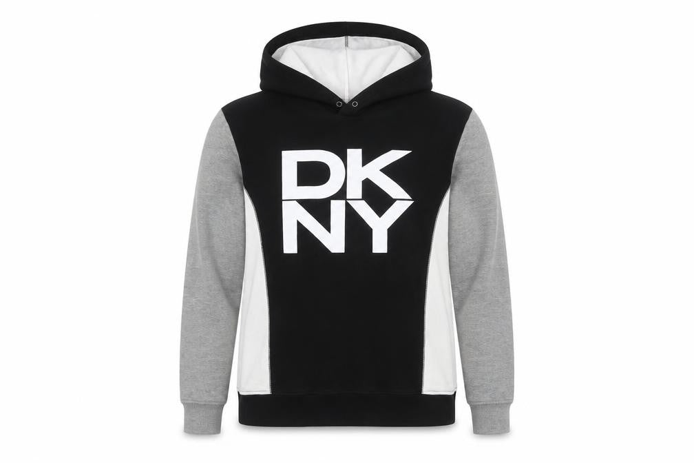 DKNY Womens Black Grey White Pullover Hoodie M Logo Casual Fleece