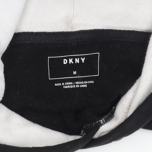 DKNY Womens Black Grey White Pullover Hoodie M Logo Casual Fleece