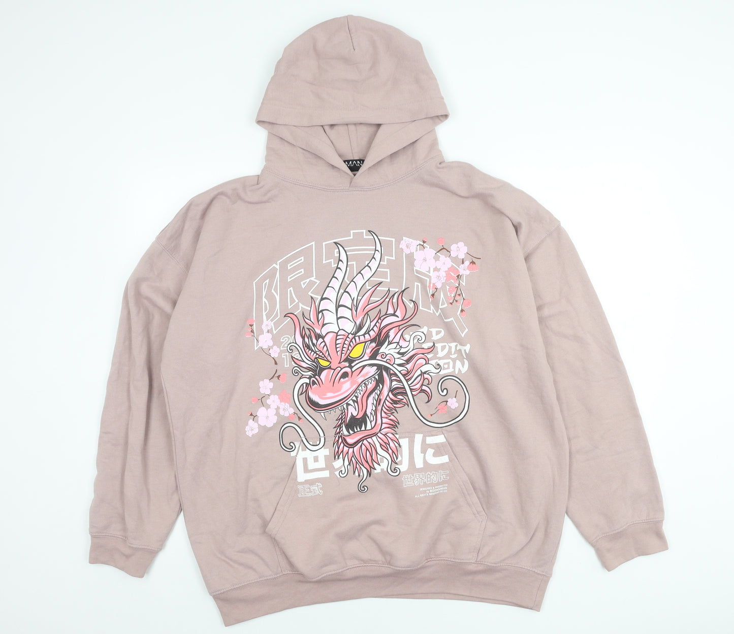 boohooMAN Men’s Pink Dragon Graphic Pullover Hoodie Size M
