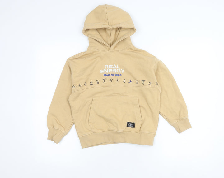 Zara Boys Beige Pullover Hoodie 8-9 Years Cotton Blend Graphic Print