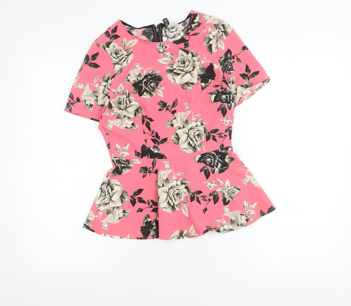 H&M Women’s Pink Floral Peplum Blouse Size 10 Short Sleeve