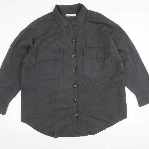 Zara Women Grey Collared Long Sleeve Button Jacket Size L