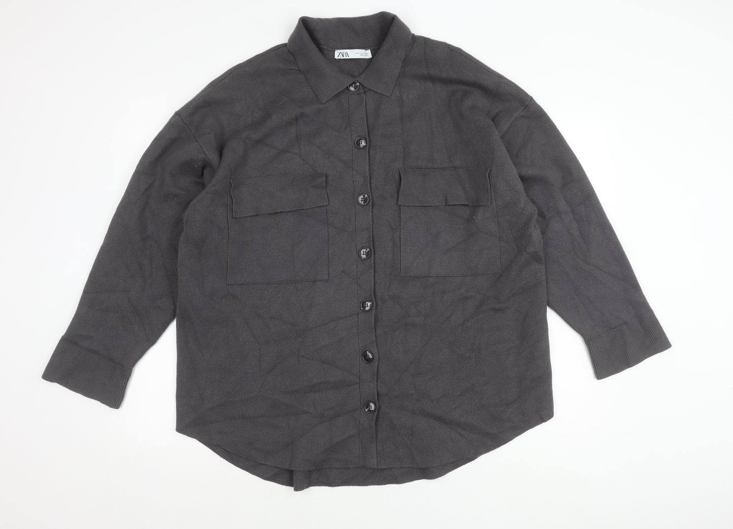 Zara Women Grey Collared Long Sleeve Button Jacket Size L