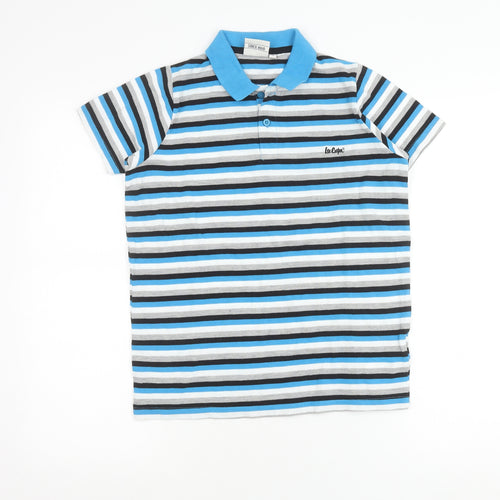 Lee Cooper Boys Blue Striped Polo Shirt 13 Years Short Sleeve Cotton Blend