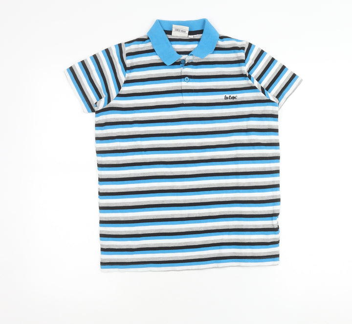 Lee Cooper Boys Blue Striped Polo Shirt 13 Years Short Sleeve Cotton Blend
