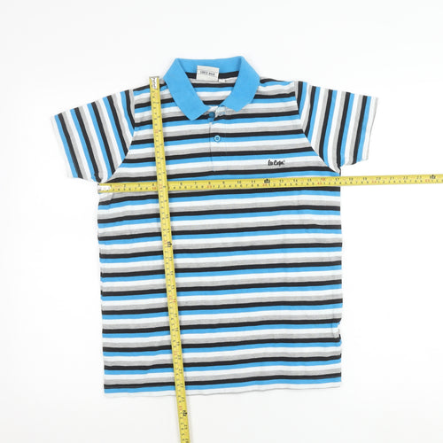 Lee Cooper Boys Blue Striped Polo Shirt 13 Years Short Sleeve Cotton Blend