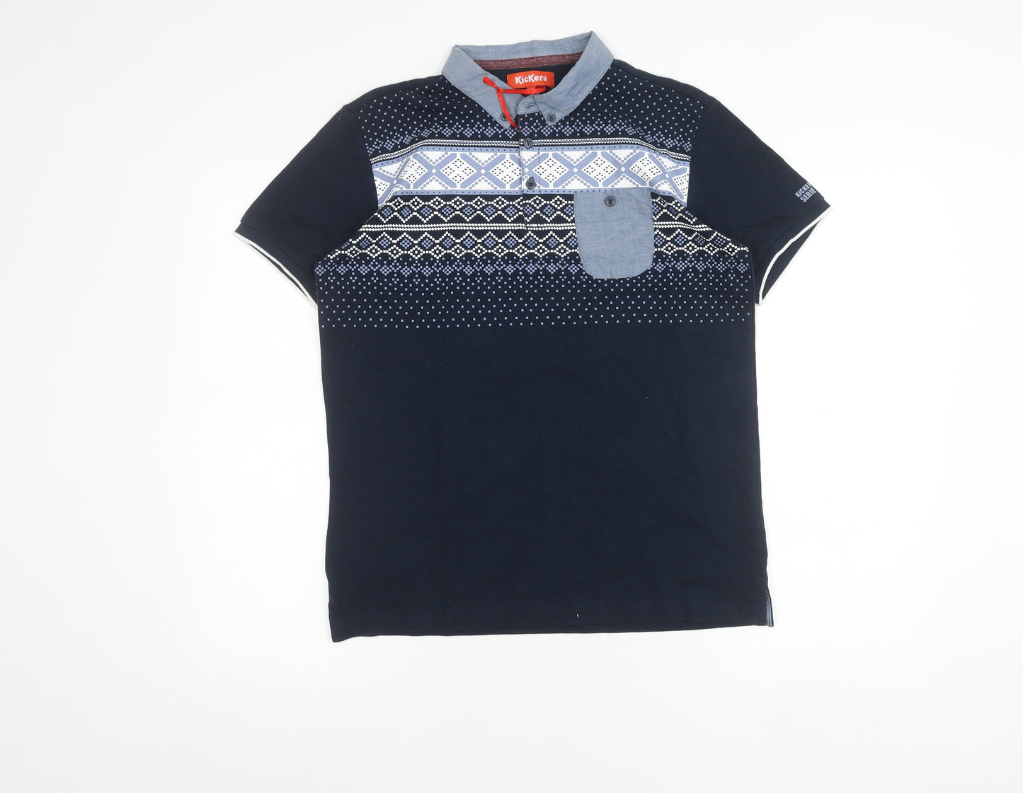 Kickers Boys Blue Polo Shirt 15 Years Geometric Pattern Short Sleeve