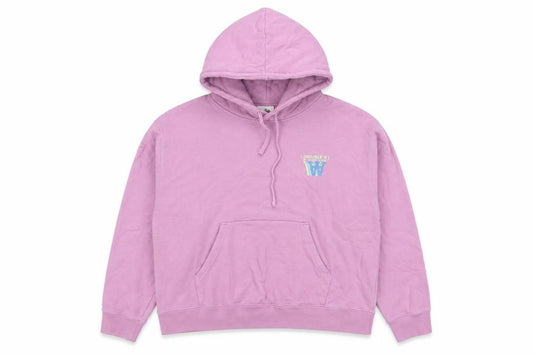 Front view of Wood Wood Double A women’s pink pullover hoodie, size L, cotton logo print