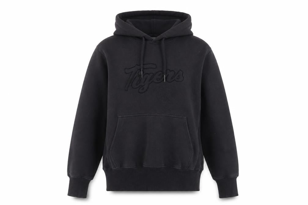 Front view of H&M women’s black pullover hoodie sweatshirt, size S, tigers logo