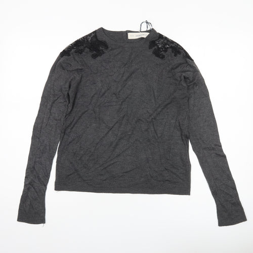 Zara Women Grey Jumper Size 14 Acrylic Knit Embroidered Pullover
