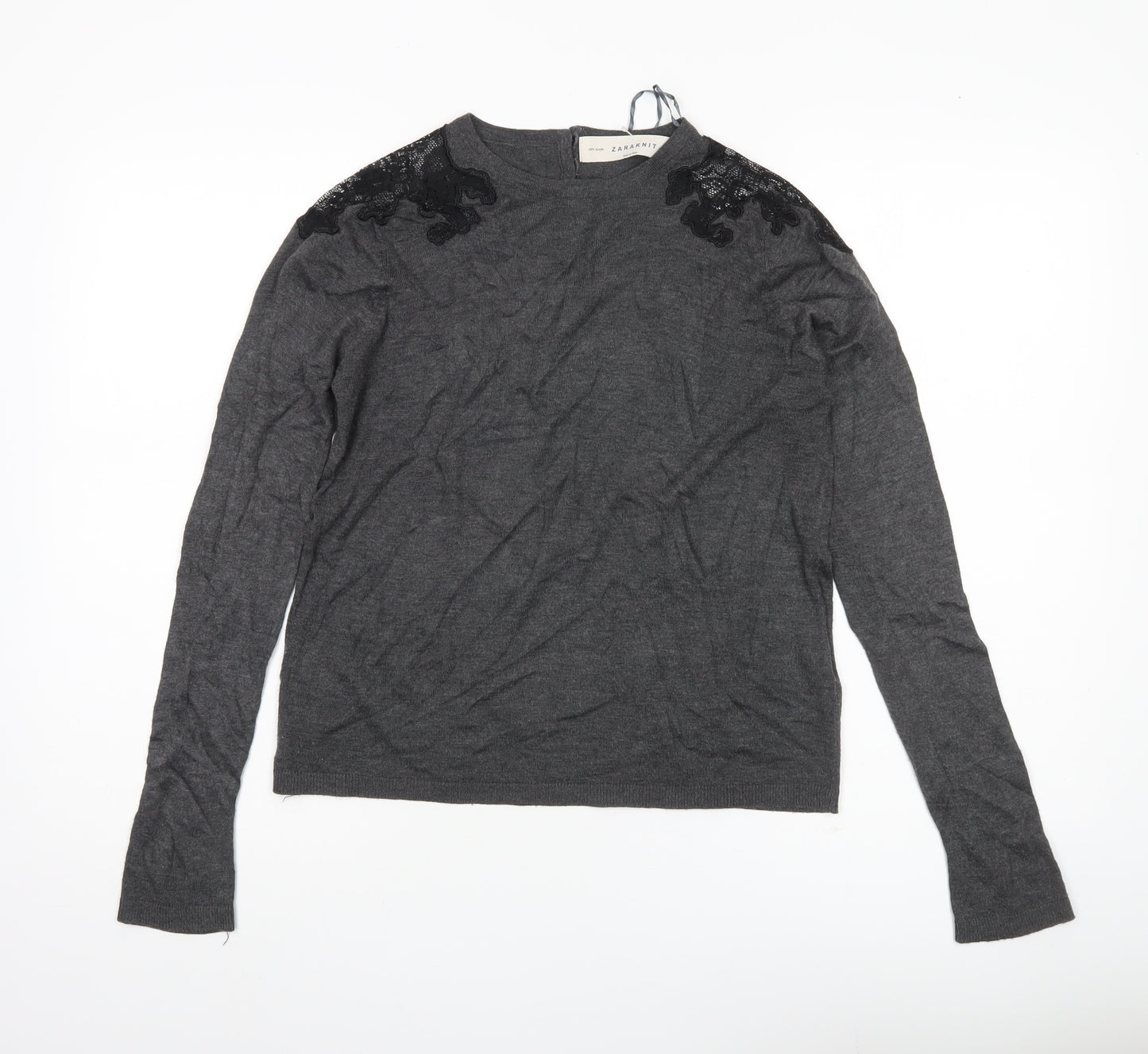 Zara Women Grey Jumper Size 14 Acrylic Knit Embroidered Pullover