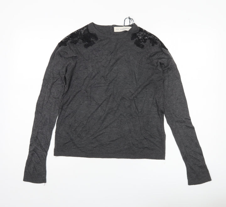 Zara Women Grey Jumper Size 14 Acrylic Knit Embroidered Pullover