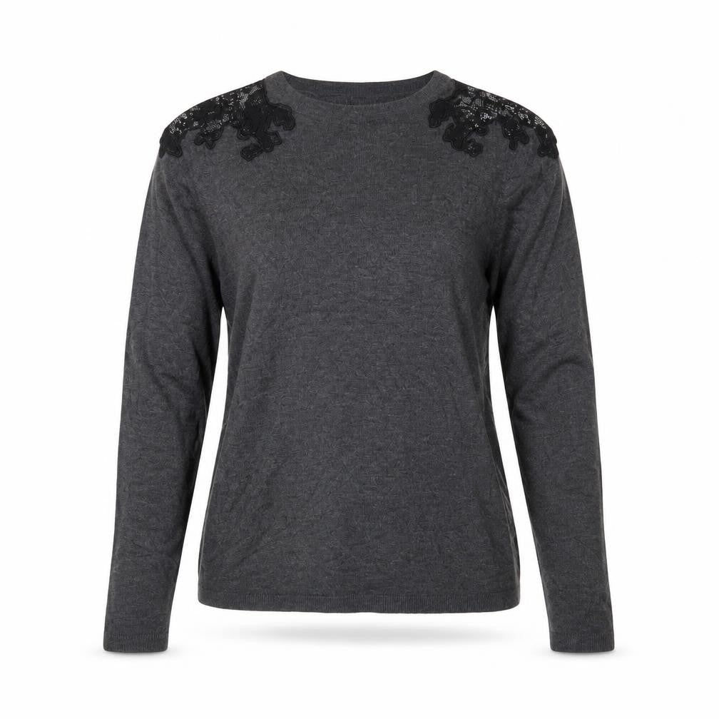 Front view of Zara Women Grey Jumper, size 14, Acrylic Knit Embroidered Pullover