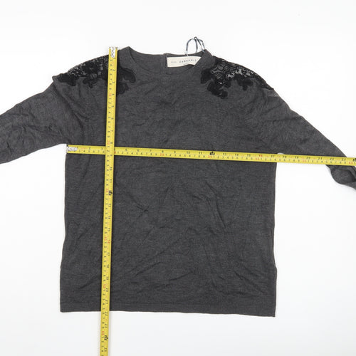 Zara Women Grey Jumper Size 14 Acrylic Knit Embroidered Pullover