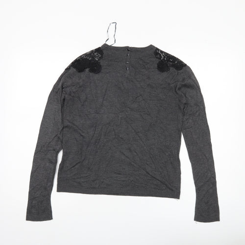 Zara Women Grey Jumper Size 14 Acrylic Knit Embroidered Pullover