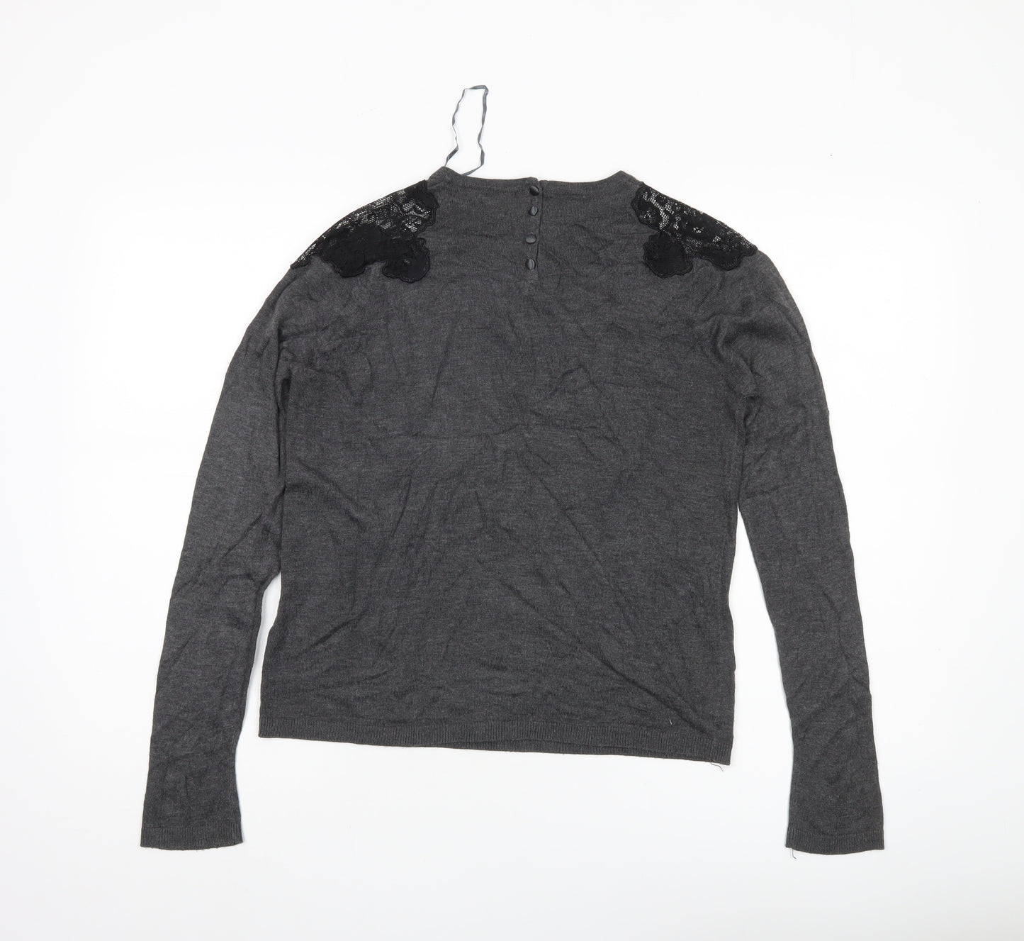Zara Women Grey Jumper Size 14 Acrylic Knit Embroidered Pullover