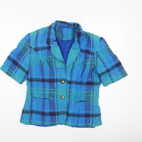 New Fast Womens Blue Check Linen Blend Suit Jacket Size 10 Short Sleeve