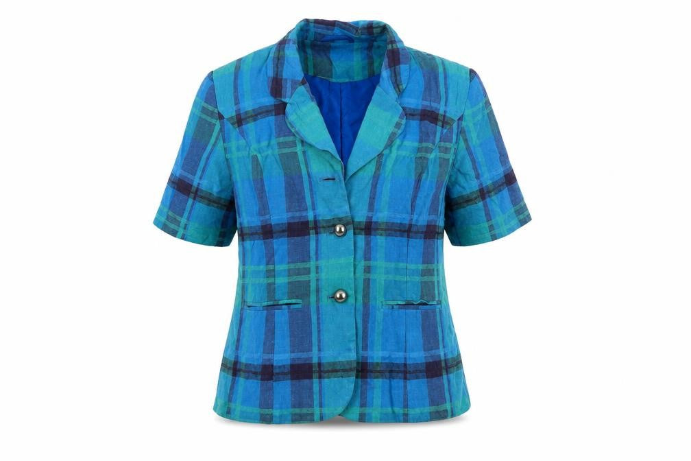 Front view of New Fast women’s blue check linen blend suit jacket, size UK 10, short sleeve